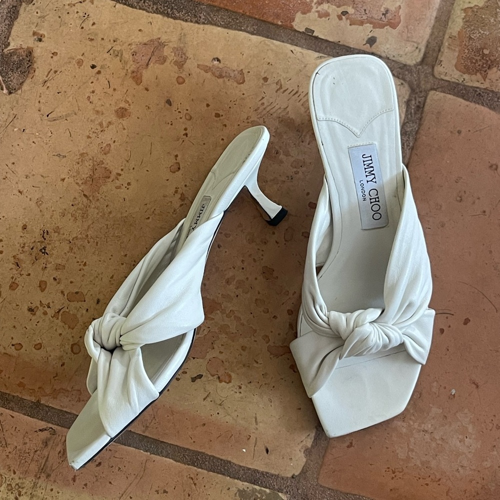 Jimmy Choo Ivory Knot Leather Sandal Heels